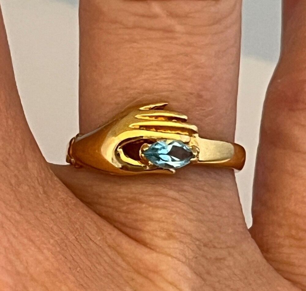 Vintage 1970s Ring Size 7 Victorian Revival Hand Blue Crystal Gold Plated - 14Y